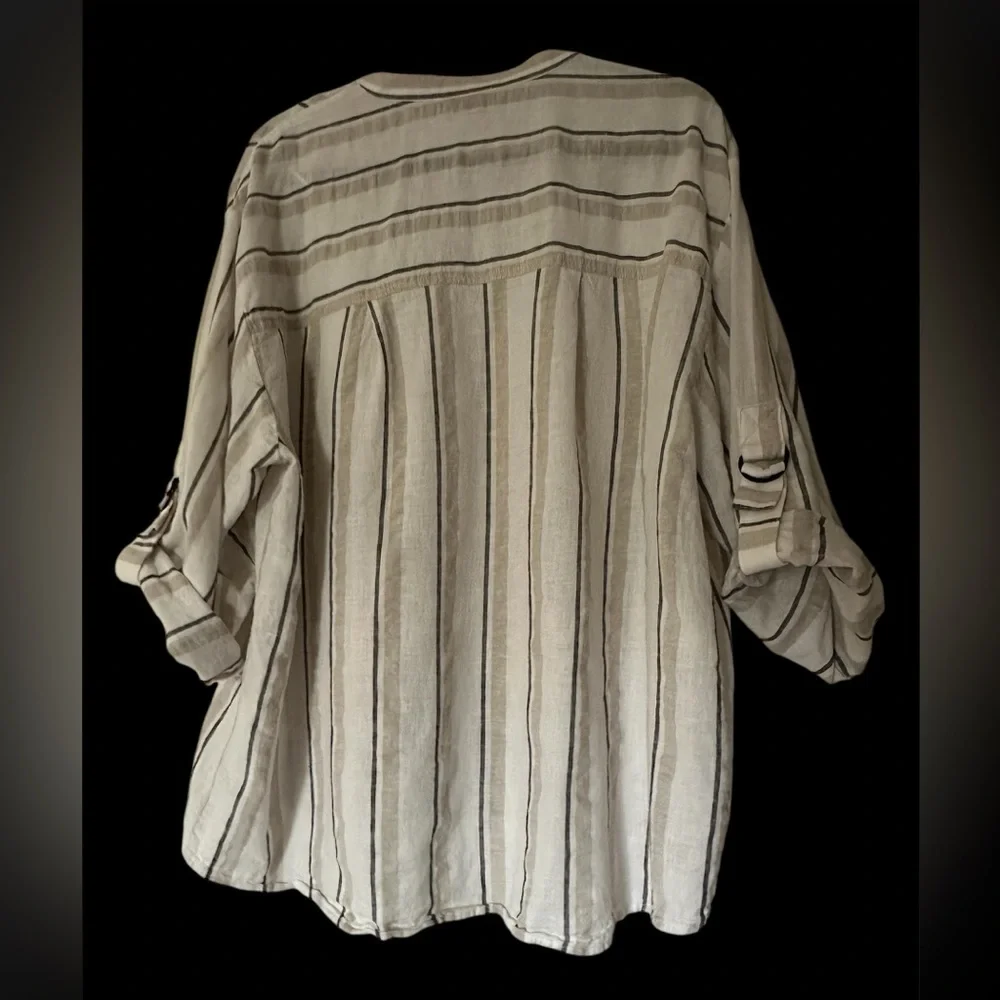 Vince Camuto Striped Beige Button-Up Blouse - Picture 3 of 5
